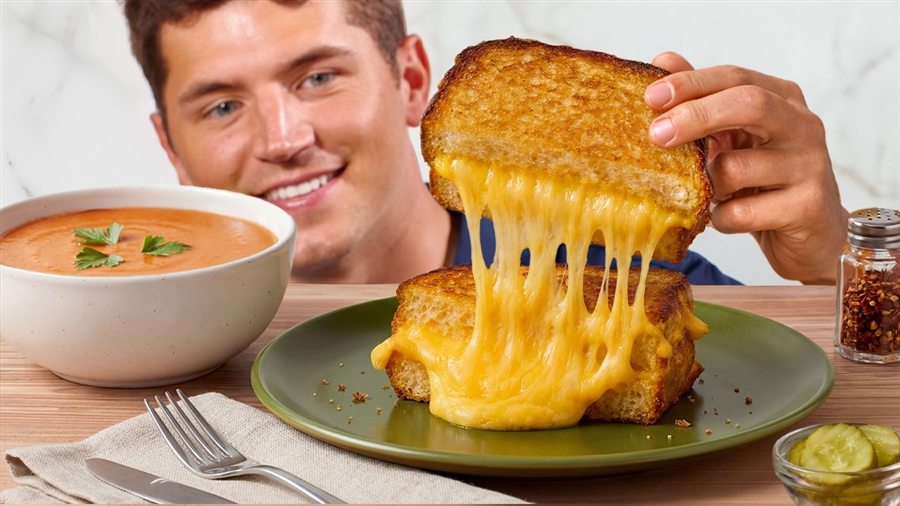 Three-cheese grilled cheese with roasted tomato soup