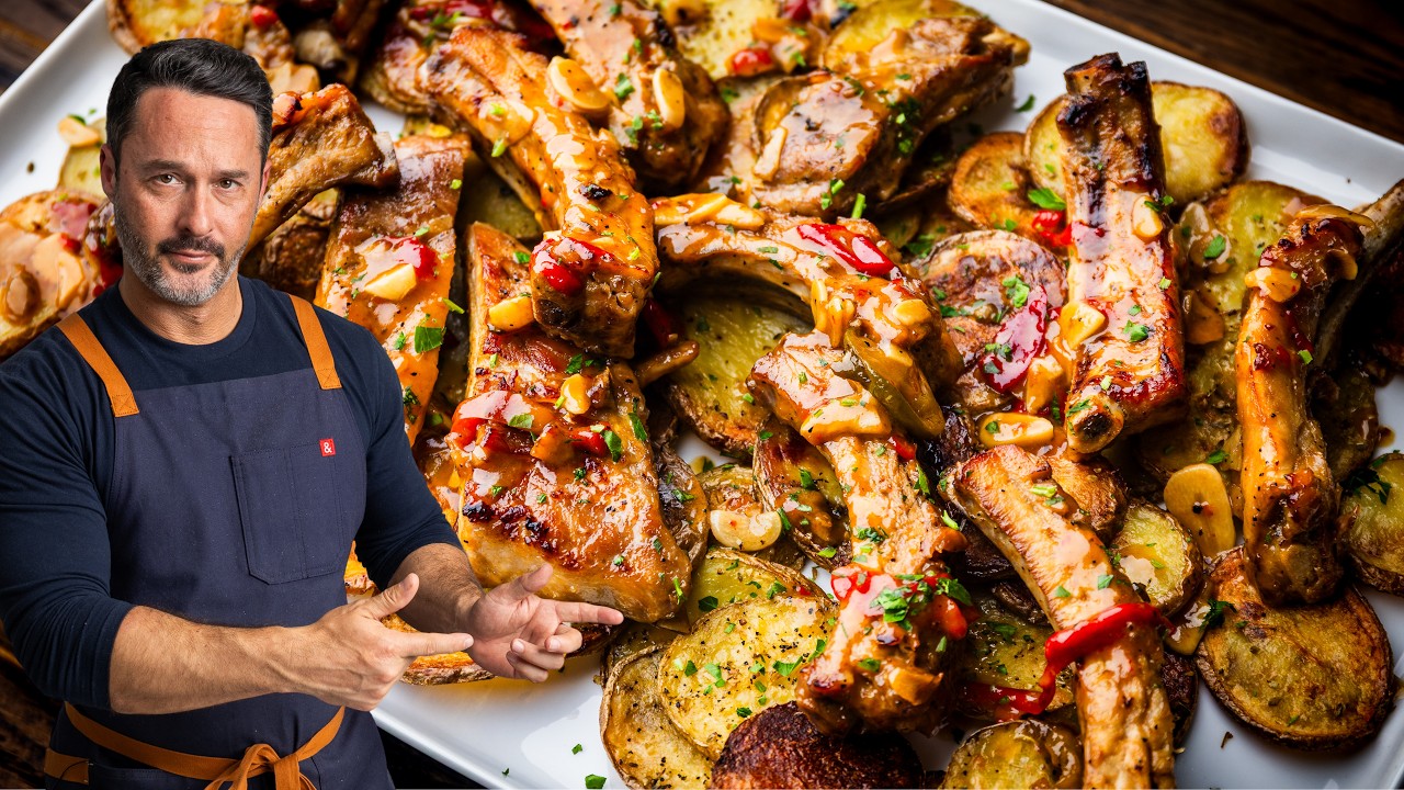 Travers de porc collants et pommes de terre croustillantes