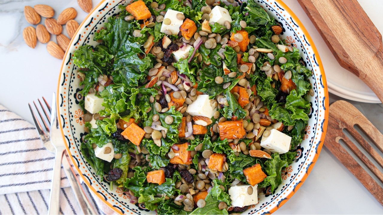 Kale, lentil and roasted sweet potato salad